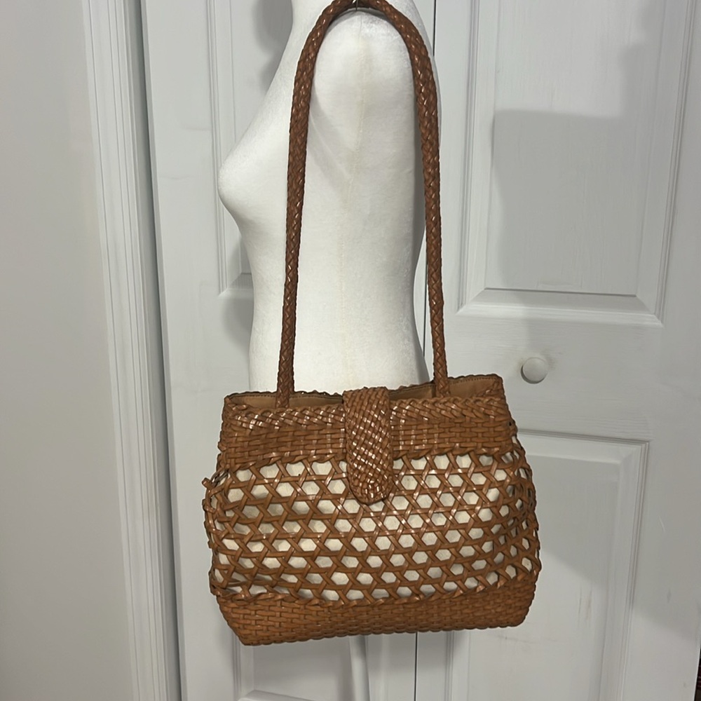 Leather Woven Tan and Cream Women's Bag - Picture 2 of 9